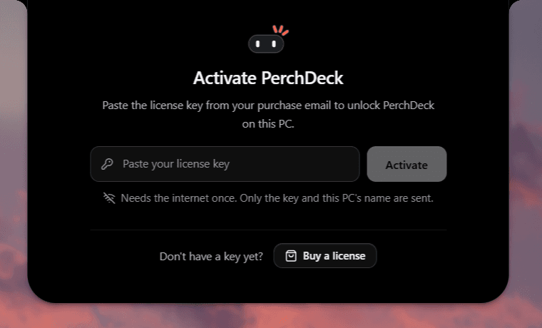 The Activate PerchDeck panel with a box for the license key