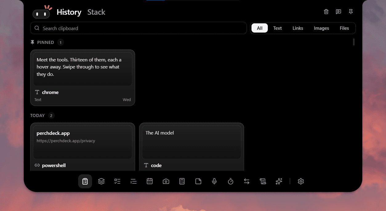 PerchDeck unlocked, with the dock of tools open